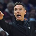 
              Brooklyn Nets coach Steve Nash reacts during the first half of the team's NBA basketball game against the Cleveland Cavaliers, Monday, Nov. 22, 2021, in Cleveland. (AP Photo/Tony Dejak)
            