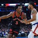 
              Toronto Raptors' OG Anunoby (3) is defended by New York Knicks' Derrick Rose (4) during the first half of an NBA basketball game Monday, Nov. 1, 2021, in New York. (AP Photo/Frank Franklin II)
            