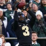 
              Purdue wide receiver David Bell (3) makes a catch against Michigan State during the second half of an NCAA college football game in West Lafayette, Ind., Saturday, Nov. 6, 2021. Purdue won 40-29. (AP Photo/Michael Conroy)
            