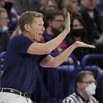 
              Gonzaga coach Mark Few directs players during the first half of the team's NCAA college basketball game against Texas, Saturday, Nov. 13, 2021, in Spokane, Wash. (AP Photo/Young Kwak)
            