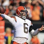 
              Cleveland Browns quarterback Baker Mayfield throws during the first half of an NFL football game against the Cincinnati Bengals, Sunday, Nov. 7, 2021, in Cincinnati. (AP Photo/Aaron Doster)
            