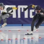 
              Erin Jackson,right, of the USA and Nao Kodaira ,left, of Japan in action during the women's 500 m race at the Speed Skating World Cup in Tomaszow Mazowiecki, Poland, Saturday, Nov. 13, 2021. (AP Photo/Czarek Sokolowski)
            