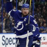 
              Tampa Bay Lightning center Steven Stamkos (91) celebrates his goal against the Philadelphia Flyers during the second period of an NHL hockey game Tuesday, Nov. 23, 2021, in Tampa, Fla. (AP Photo/Chris O'Meara)
            