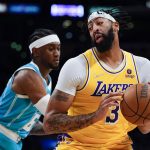 
              Charlotte Hornets forward Jalen McDaniels (6) defends against Los Angeles Lakers forward Anthony Davis (3) during the first half of an NBA basketball game in Los Angeles, Monday, Nov. 8, 2021. (AP Photo/Ashley Landis)
            