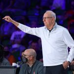 
              In a photo provided by Bahamas Visual Services, Syracuse coach Jim Boeheim gestures during the team's NCAA college basketball game against Arizona State at Paradise Island, Bahamas, Thursday, Nov. 25, 2021. (Tim Aylen/Bahamas Visual Services via AP)
            