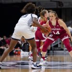 
              Indiana guard Ali Patberg (14) defends Butler guard Zoe Jackson (13) during an NCAA college basketball game, Wednesday, Nov. 10, 2021 in Indianapolis. (Grace Hollars/The Indianapolis Star via AP)
            