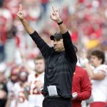 
              Iowa State head coach Matt Campbell signals his team on a play against Oklahoma during the first half of an NCAA college football game Saturday, Nov. 20, 2021, in Norman, Okla. (AP Photo/Alonzo Adams)
            