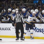 
              St. Louis Blues center Brayden Schenn (10) is congratulated for his goal during the second period of the team's NHL hockey game against the Los Angeles Kings on Wednesday, Nov. 3, 2021, in Los Angeles. (AP Photo/Kyusung Gong)
            