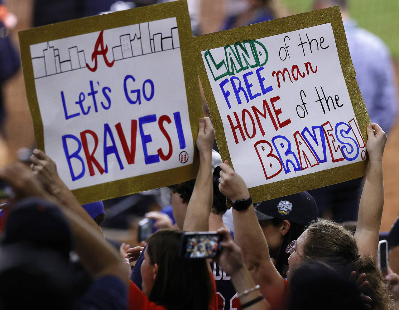 Atlanta Braves fans celebrates after their team won the World Series against the Houston Astros on ...