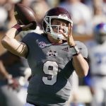 
              Mississippi State quarterback Chance Lovertich (9) passes against Tennessee State during the second half of an NCAA college football game, Saturday, Nov. 20, 2021, in Starkville, Miss. Mississippi State won 55-10. (AP Photo/Rogelio V. Solis)
            