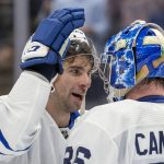 
              Toronto Maple Leafs center John Tavares (91) and goaltender Jack Campbell (36) congratulate each other after the team's win over the Boston Bruins in an NHL hockey game Saturday, Nov. 6, 2021, in Toronto. (Frank Gunn/The Canadian Press via AP)
            