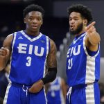 
              Eastern Illinois guard Chris Robinson, right, talks with guard Kejuan Clements during the second half of the team's NCAA college basketball game against Northwestern in Evanston, Ill., Tuesday, Nov. 9, 2021. (AP Photo/Nam Y. Huh)
            