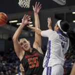 
              James Madison guard Madison Green (4) fires off a pass under the basket against Maryland forward Chloe Bibby (55) during the first half of an NCAA college basketball game in Harrisonburg, Va., Sunday, Nov. 14, 2021. (Daniel Lin/Daily News-Record via AP)
            