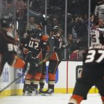 
              Anaheim Ducks celebrate after defenseman Cam Fowler (4) scored during the first period of an NHL hockey game against the Washington Capitals in Anaheim, Calif., Tuesday, Nov. 16, 2021. (AP Photo/Ashley Landis)
            