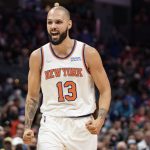 
              New York Knicks guard Evan Fournier (13) reacts during the first half of an NBA basketball game against the Charlotte Hornets in Charlotte, N.C., Friday, Nov. 12, 2021. (AP Photo/Jacob Kupferman)
            