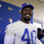 
              Los Angeles Rams outside linebacker Von Miller fields questions after NFL football practice Wednesday, Nov. 3, 2021, in Thousand Oaks, Calif. (AP Photo/Marcio Jose Sanchez)
            