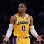
              Los Angeles Lakers guard Russell Westbrook (0) disputes a call, causing a delay of game penalty during the second half of an NBA basketball game against the Charlotte Hornets in Los Angeles, Monday, Nov. 8, 2021. (AP Photo/Ashley Landis)
            