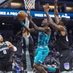 
              Charlotte Hornets guard Terry Rozier (3) drives to the basket against the Sacramento Kings during the first quarter of an NBA basketball game in Sacramento, Calif., Friday, Nov. 5, 2021. (AP Photo/Randall Benton)
            