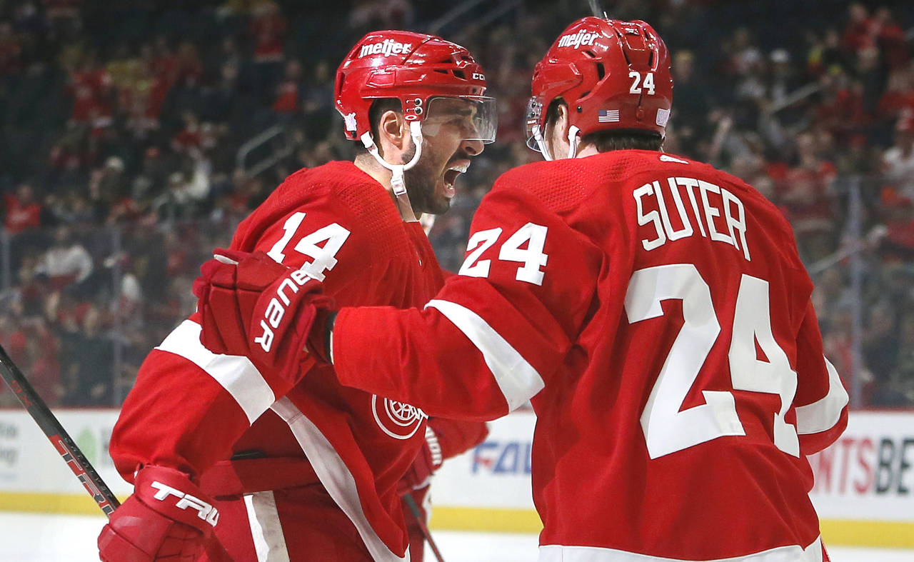 Detroit Red Wings center Robby Fabbri (14) celebrates with center Pius Suter (24) after scoring aga...