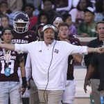 
              Texas A&M coach Jimbo Fisher yells to the officials during the first half of an NCAA college football game against Auburn Saturday, Nov. 6, 2021, in College Station, Texas. (AP Photo/David J. Phillip)
            