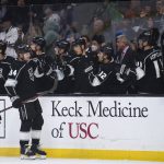 
              Los Angeles Kings left wing Arthur Kaliyev (34) is congratulated for his goal against the St. Louis Blues during the third period of an NHL hockey game Wednesday, Nov. 3, 2021, in Los Angeles. (AP Photo/Kyusung Gong)
            