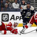
              Detroit Red Wings forward Dylan Larkin, left, reaches for the puck in front of Columbus Blue Jackets forward Boone Jenner, center, and Red Wings defenseman Nick Leddy during the first period of an NHL hockey game in Columbus, Ohio, Monday, Nov. 15, 2021. (AP Photo/Paul Vernon)
            