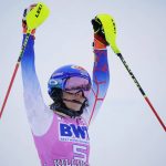 
              United State's Mikaela Shiffrin celebrates after finishing a women's World Cup slalom ski race Sunday, Nov. 28, 2021, Killington, Vt. (AP Photo/Robert F. Bukaty)
            