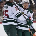 
              Minnesota Wild's Jared Spurgeon (46) celebrates after after scoring during the second period of an NHL hockey game against the Pittsburgh Penguins in Pittsburgh, Saturday, Nov. 6, 2021. (AP Photo/Gene J. Puskar)
            