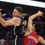 
              Brooklyn Nets forward Blake Griffin (2) and Detroit Pistons guard Cade Cunningham (2) collide under the basket on an inbound pass to Griffin during the first half of an NBA basketball game, Friday, Nov. 5, 2021, in Detroit. (AP Photo/Carlos Osorio)
            