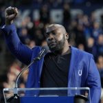 
              Former Indianapolis Colts' Robert Mathis speaks after being inducted into the Ring of Honor by Colts owner Jim Irsay during a ceremony at halftime in an NFL football game against the Tampa Bay Buccaneers, Sunday, Nov. 28, 2021, in Indianapolis. (AP Photo/AJ Mast)
            