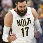 
              New Orleans Pelicans center Jonas Valanciunas celebrates a play during the second half of the team's NBA basketball game against the Utah Jazz on Friday, Nov. 26, 2021, in Salt Lake City. (AP Photo/Alex Goodlett)
            