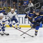 
              Tampa Bay Lightning's Taylor Raddysh (16) and St. Louis Blues' Robert Thomas (18) vie for control of the puck during the second period of an NHL hockey game Tuesday, Nov. 30, 2021, in St. Louis. (AP Photo/Scott Kane)
            