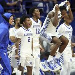 
              Kentucky's bench react to a play during the second half of an NCAA college basketball game against Mount St. Mary's in Lexington, Ky., Tuesday, Nov. 16, 2021. Kentucky won 80-55. (AP Photo/James Crisp)
            
