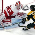 
              Detroit Red Wings goaltender Thomas Greiss (29) makes a save on a shot by Boston Bruins left wing Erik Haula (56) during the second period of an NHL hockey game Thursday, Nov. 4, 2021, in Boston. (AP Photo/Charles Krupa)
            