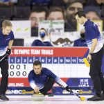 
              Team Dropkin's Korey Dropkin, center, throws the rock as Tom Howell, left, and Mark Fenner wait to sweep while competing against Team Shuster during the third night of finals at the U.S. Olympic Curling Team Trials at Baxter Arena in Omaha, Neb., Sunday, Nov. 21, 2021. (AP Photo/Rebecca S. Gratz)
            