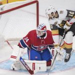 
              Vegas Golden Knights' Nicolas Roy (10) jumps as Montreal Canadiens goaltender Jake Allen, left, is scored against by Golden Knights' Alex Pietrangelo during second-period NHL hockey game action in Montreal, Saturday, Nov. 6, 2021. (Graham Hughes/The Canadian Press via AP)
            
