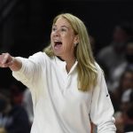 
              Villanova head coach Denise Dillon calls to her team during the first half of an NCAA college basketball game against Maryland on Friday, Nov. 12, 2021, in College Park, Md. Maryland won 88-67. (AP Photo/Gail Burton)
            