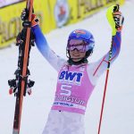 
              United State's Mikaela Shiffrin celebrates a first place finish in a women's World Cup slalom ski race Sunday, Nov. 28, 2021, Killington, Vt. (AP Photo/Robert F. Bukaty)
            