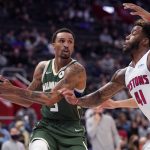 
              Milwaukee Bucks guard George Hill (3) looks to pass as Detroit Pistons forward Saddiq Bey (41) defends during the first half of an NBA basketball game, Tuesday, Nov. 2, 2021, in Detroit. (AP Photo/Carlos Osorio)
            