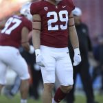 
              FILE - Stanford's Spencer Jorgensen (29) looks on before an NCAA college football game against California in Stanford, Calif., Nov. 20, 2021. Stanford has embraced bringing in players such as Jorgensen after their two-year Mormon missions, valuing their life experience. (AP Photo/Jed Jacobsohn, File)
            
