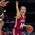 
              Indiana guard Ali Patberg (14) yells to a teammate during an NCAA college basketball game against Butler Wednesday, Nov. 10, 2021 in Indianapolis. (Grace Hollars/The Indianapolis Star via AP)
            