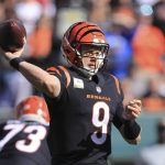 
              Cincinnati Bengals quarterback Joe Burrow (9) throws during the first half of an NFL football game against the Cleveland Browns, Sunday, Nov. 7, 2021, in Cincinnati. (AP Photo/Aaron Doster)
            