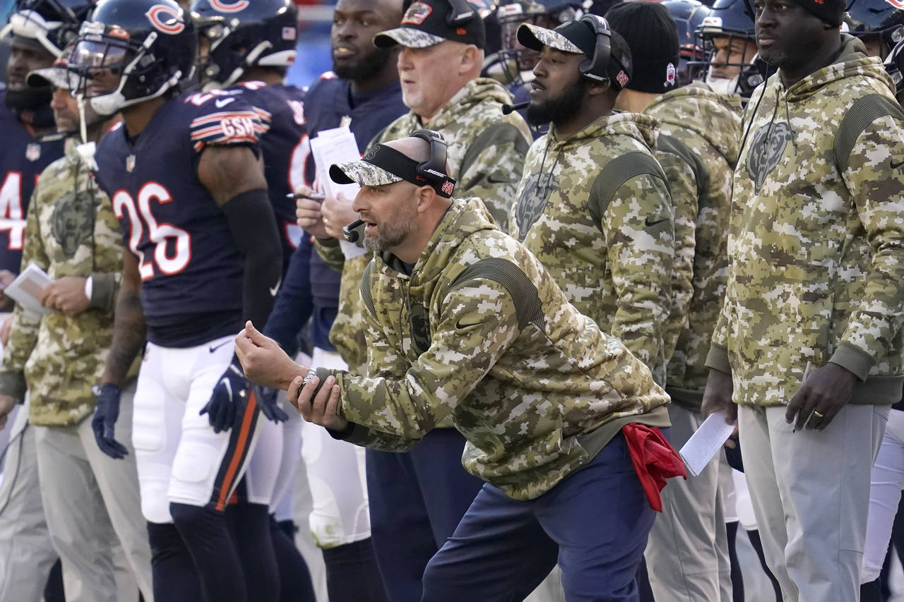 Chicago Bears head coach Matt Nagy watches his team from the sidelines during the second half of an...