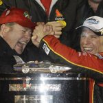 
              FILE - Team owner Chip Ganassi, left, and driver Jamie McMurray celebrate in Victory Lane after McMurray won the Daytona 500 NASCAR auto race at Daytona International Speedway in Daytona Beach, Fla., Sunday, Feb. 14, 2010. Chip Ganassi will close his 20-year run in NASCAR in Sunday’s, Nov. 7, 2021, season finale. (AP Photo/John Raoux, File)
            