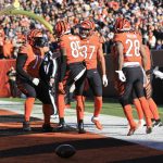 
              Cincinnati Bengals wide receiver Tee Higgins (85) celebrates with teammates after making a touchdown catch against the Pittsburgh Steelers during the first half of an NFL football game, Sunday, Nov. 28, 2021, in Cincinnati. (AP Photo/Aaron Doster)
            