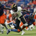 
              Southern Mississippi quarterback Frank Gore Jr. (3) is hit by UTSA linebacker Clarence Hicks (9) for a loss during the first half of an NCAA college football game, Saturday, Nov. 13, 2021, in San Antonio. (AP Photo/Eric Gay)
            