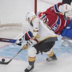 
              Vegas Golden Knights' Jonathan Marchessault scores against Montreal Canadiens goaltender Jake Allen during second-period NHL hockey game action in Montreal, Saturday, Nov. 6, 2021. (Graham Hughes/The Canadian Press via AP)
            