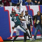 
              New York Giants' Kenny Golladay, right, fails to make a catch in the end zone while being covered by Philadelphia Eagles' Darius Slay during the first half of an NFL football game, Sunday, Nov. 28, 2021, in East Rutherford, N.J. (AP Photo/John Munson)
            