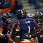 
              UTSA wide receiver Leroy Watson (1) celebrates his touchdown catch with teammates during the second half of an NCAA college football game against the Southern Mississippi, Saturday, Nov. 13, 2021, in San Antonio. (AP Photo/Eric Gay)
            