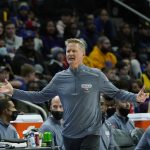 
              Golden State Warriors head coach Steve Kerr reacts on the sideline during the second half of an NBA basketball game against the Detroit Pistons, Friday, Nov. 19, 2021, in Detroit. (AP Photo/Carlos Osorio)
            